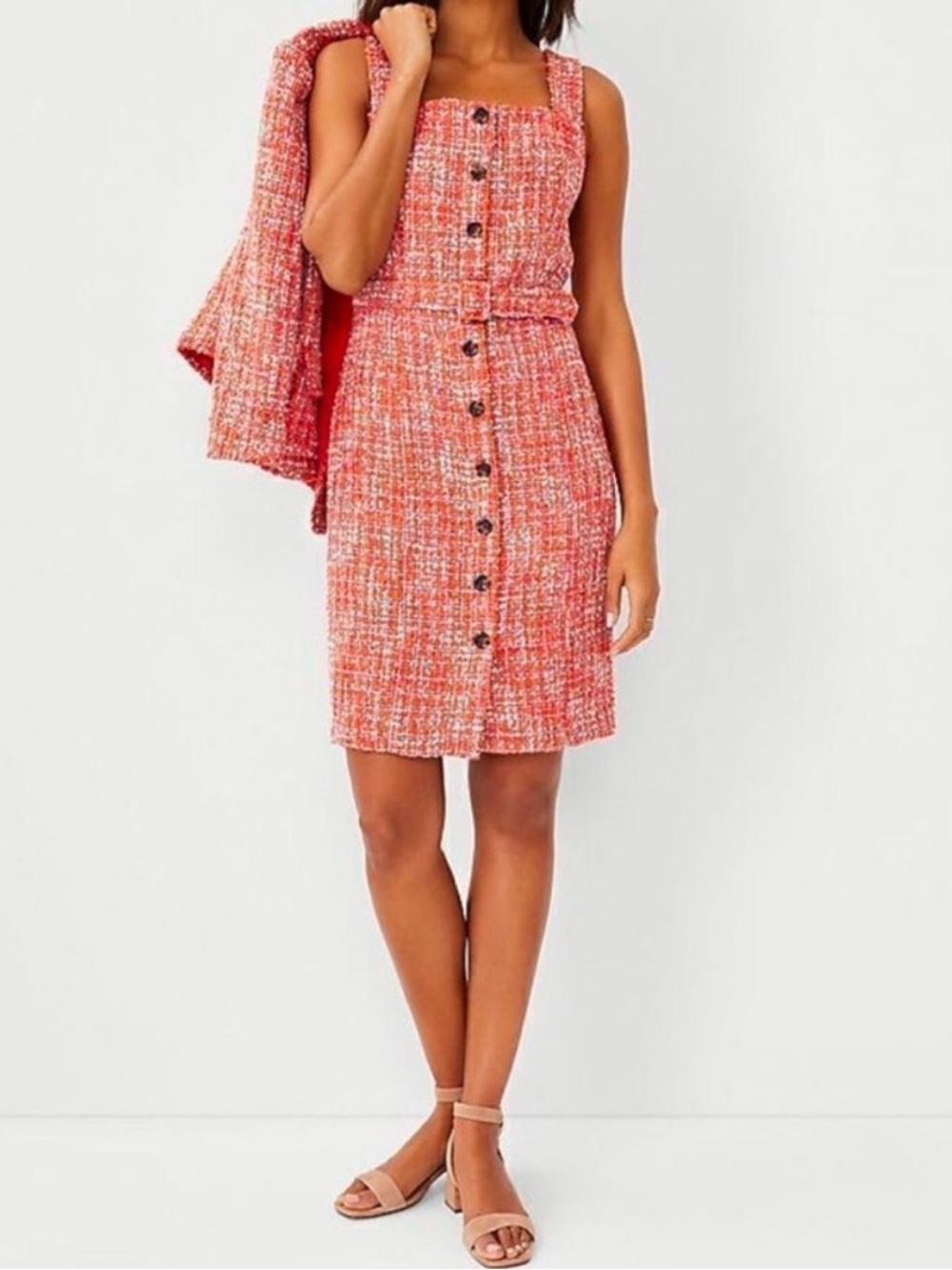NWT Ann Taylor Womens Dress Orange Tweed Sleeveless Belted Career Size 12 Petite